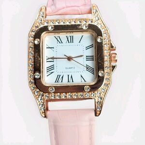 Beautiful Rosegold & Faux Pink Leather Women's Fashion Rhinestone Fashion Watch